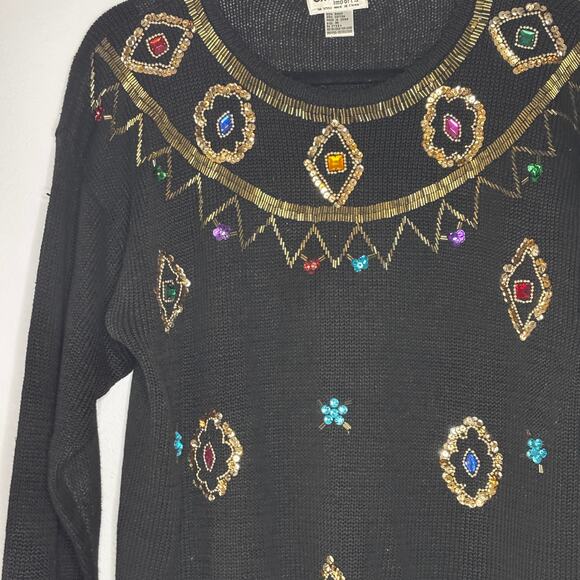 Vintage 90s Exclusive Imports Black Sequin Beaded Ramie Cotton Sweater Harlequin - Picture 3 of 10